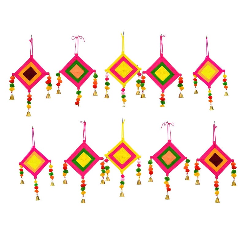 UmI. Umi Woolen Kites Shape Wall Pom Pom Hanging with Bells Strings Decoration for Home Office Door Window Haldi Mehndi Festival Decoration Items Multicolor 10 Pcs - Image 1