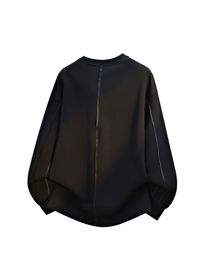 Dingfengbaoluo Men's American Style Crew Neck Sweatshirt Spring Trendy Deconstructed Patchwork Solid Color Casual Long Sleeve Top Xbf89 Black 3XL - Image 1
