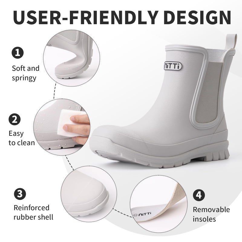 NITTI Women's Waterproof Short Rain Boots Slip-Resistant Rubber Chelsea Garden Shoes with Comfort Insole Grey 08 - Image 5