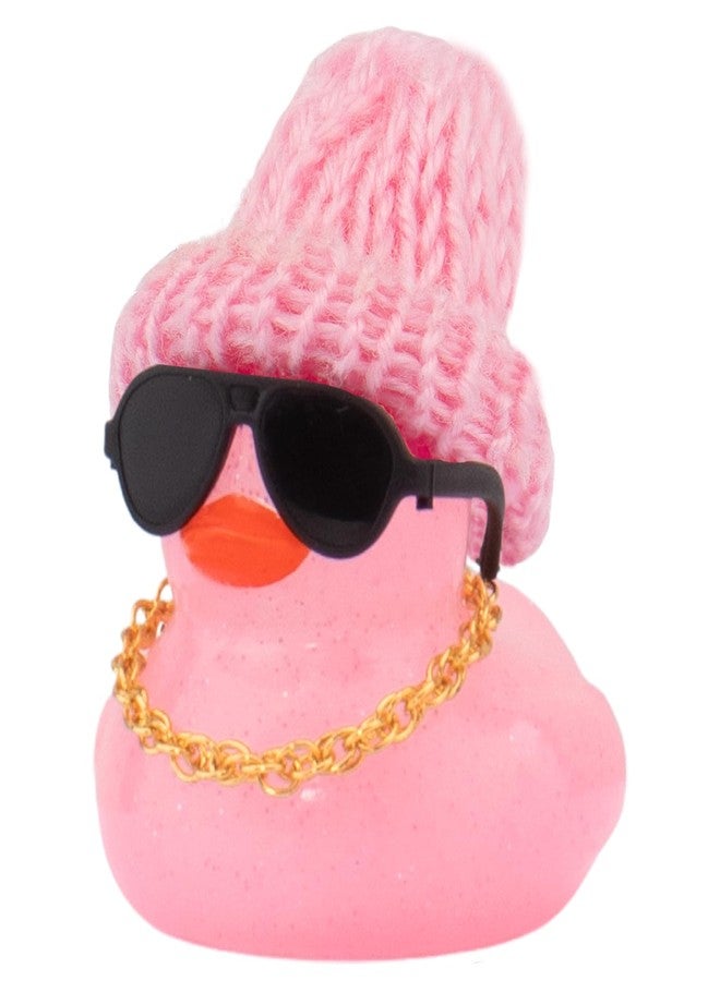 wonuu Car Dashboard Glitter Rubber Ducks, Festival Decorations Rubber Ducky for Car Ornament Cute Duck with Knit Hat, Glasses, Necklace, Pink - Image 1