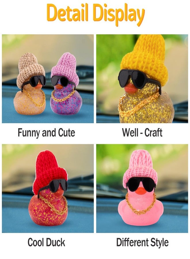 wonuu Car Dashboard Glitter Rubber Ducks, Festival Decorations Rubber Ducky for Car Ornament Cute Duck with Knit Hat, Glasses, Necklace, Pink - Image 4