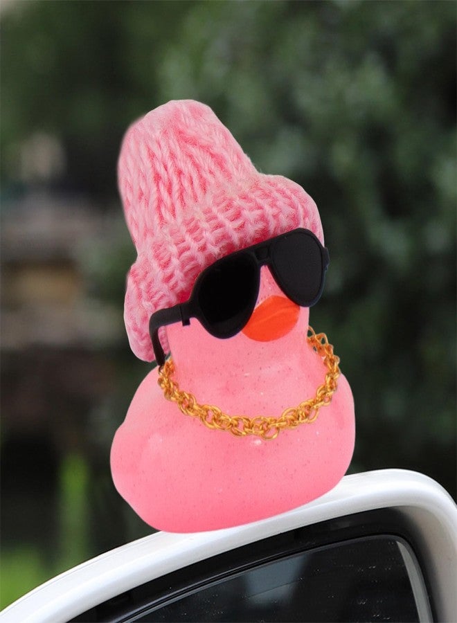 wonuu Car Dashboard Glitter Rubber Ducks, Festival Decorations Rubber Ducky for Car Ornament Cute Duck with Knit Hat, Glasses, Necklace, Pink - Image 2