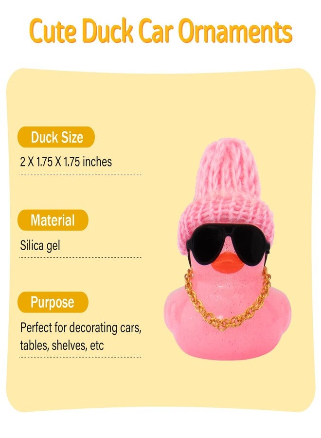 wonuu Car Dashboard Glitter Rubber Ducks, Festival Decorations Rubber Ducky for Car Ornament Cute Duck with Knit Hat, Glasses, Necklace, Pink - Image 3