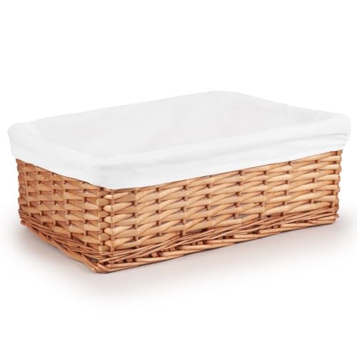Woodluv Brown Wicker Storage Basket WOff White Cloth Lining Xmas Hamper  Large