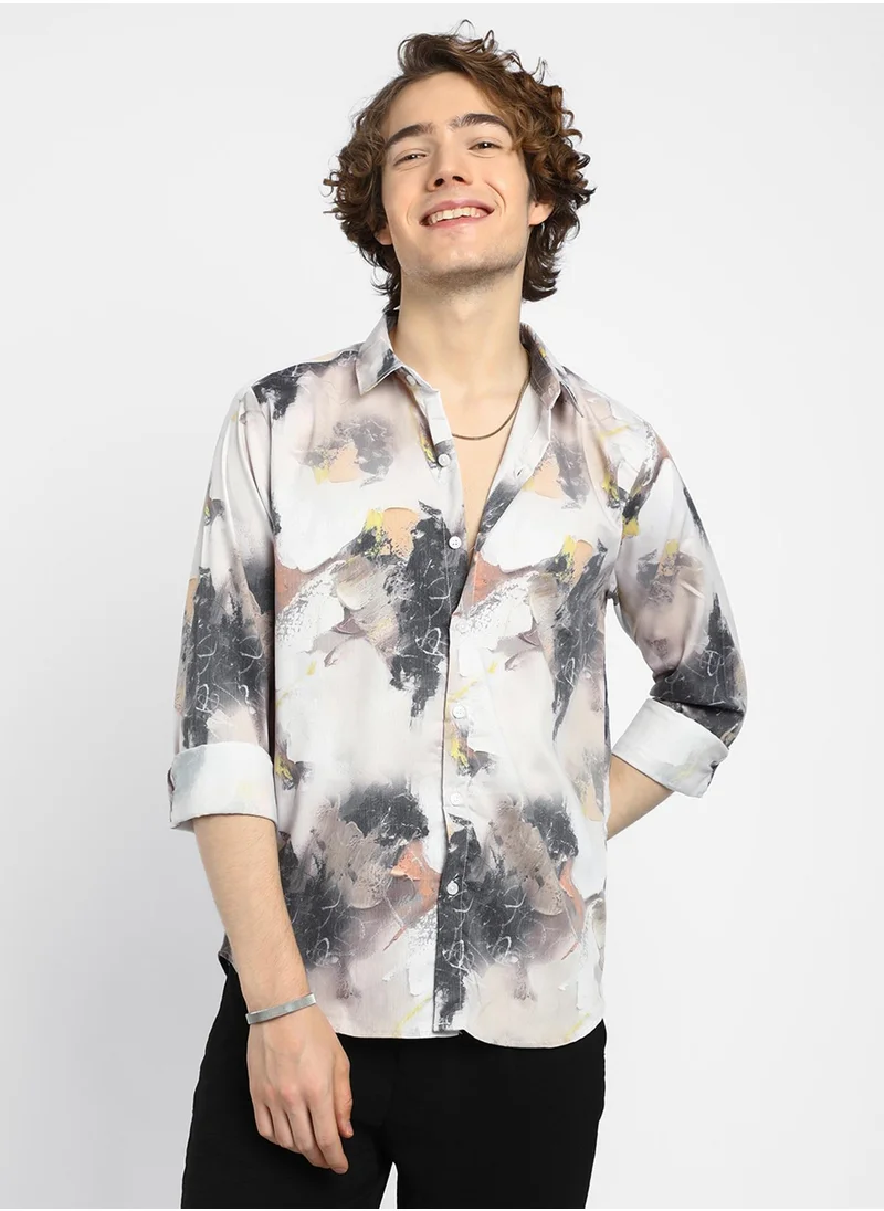 كامبوس سوترا Men's Charcoal Black & Ivory White Faded Bloom Shirt
