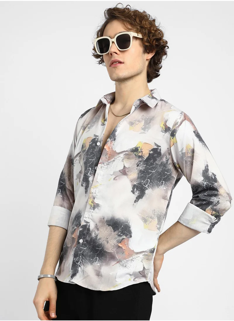 كامبوس سوترا Men's Charcoal Black & Ivory White Faded Bloom Shirt