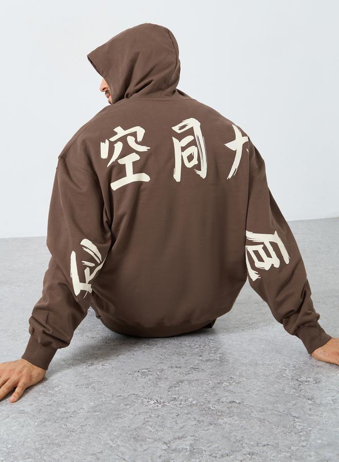 Styli Men Brown Printed Oversized Hoodie - Image 3