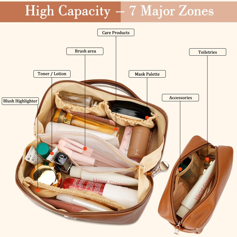 CLOUDWINGS Birthday Gifts for Women Teen Girl, Personalized Initial Makeup Organizer Bag Set, Open Flat Travel Cosmetic Bag With Clear Divider and Handle(Brown,A) - Image 3