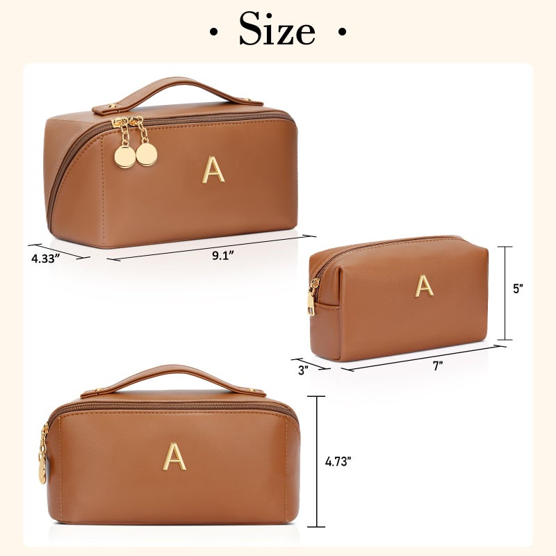 CLOUDWINGS Birthday Gifts for Women Teen Girl, Personalized Initial Makeup Organizer Bag Set, Open Flat Travel Cosmetic Bag With Clear Divider and Handle(Brown,A) - Image 5