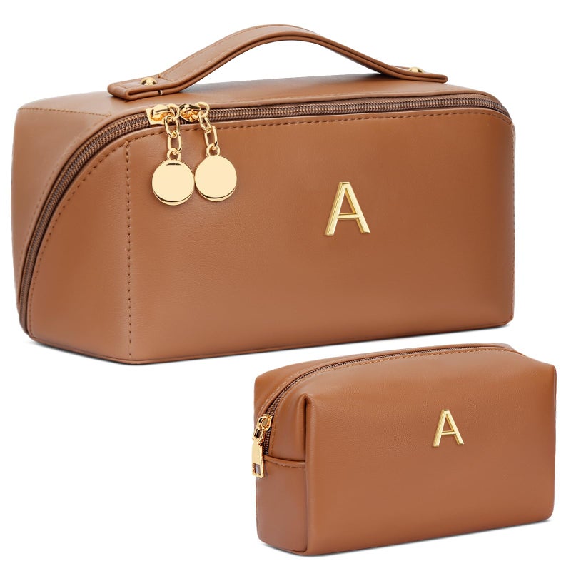 CLOUDWINGS Birthday Gifts for Women Teen Girl, Personalized Initial Makeup Organizer Bag Set, Open Flat Travel Cosmetic Bag With Clear Divider and Handle(Brown,A) - Image 1