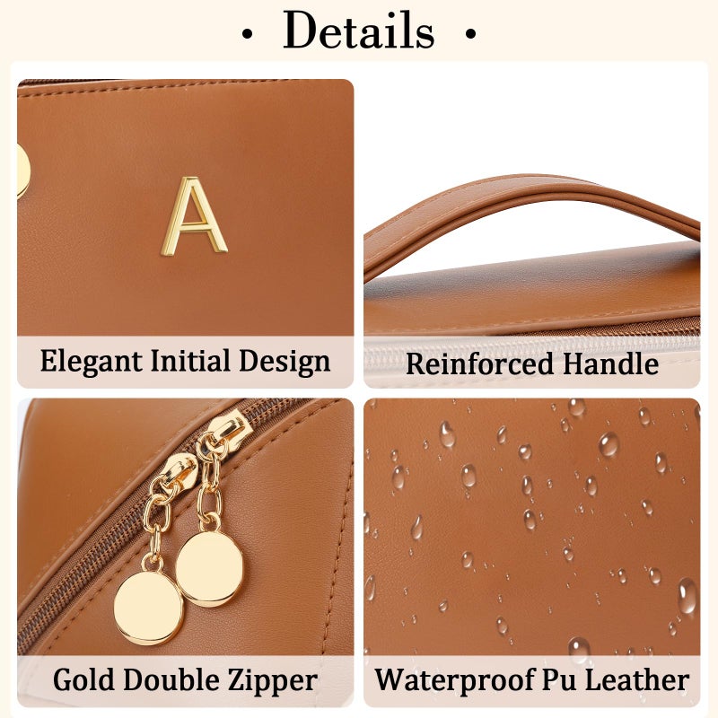 CLOUDWINGS Birthday Gifts for Women Teen Girl, Personalized Initial Makeup Organizer Bag Set, Open Flat Travel Cosmetic Bag With Clear Divider and Handle(Brown,A) - Image 4