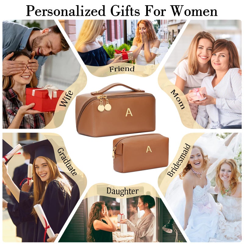 CLOUDWINGS Birthday Gifts for Women Teen Girl, Personalized Initial Makeup Organizer Bag Set, Open Flat Travel Cosmetic Bag With Clear Divider and Handle(Brown,A) - Image 2