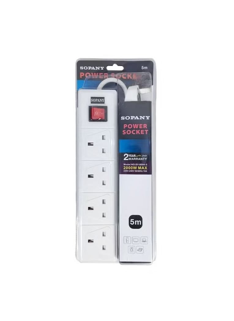 SOPANY White 4-Socket Power Strip Extension Cord Set 5-Meter Extra Long Universal Plug Adapter, Extension Board, and Cable for Home and Office Use and Office Use  - Image 1