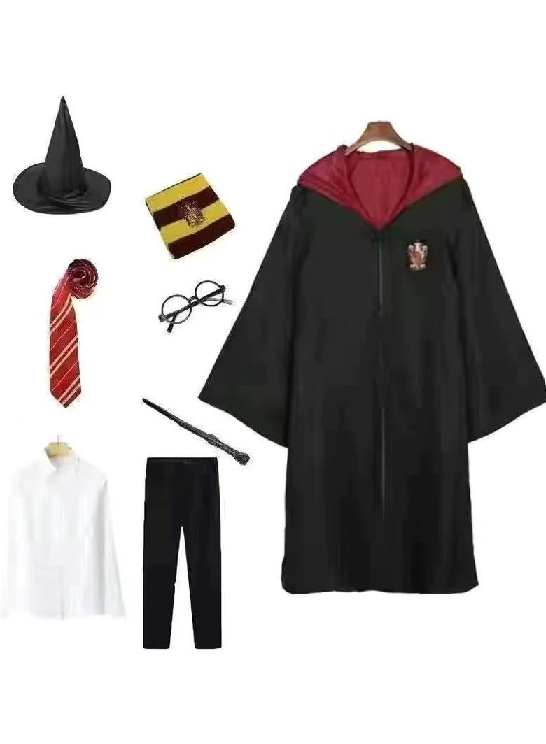 Harry Potter 8-Piece Harry Potter Gryffindor Wizard Cosplay Costume Set for Kids, Teens & Adults - Harry Potter Hogwarts Robe with Hat, Tie, Scarf, Glasses, Wand, Shirt & Pants, Full Halloween Role Play Outfit - Image 1