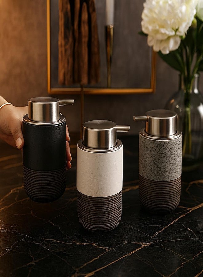 Whizzo Premium Ceramic Soap Dispenser for Bathroom & Kitchen | Elegant Matte Black with Textured Base | Refillable Lotion Dispenser for Liquid Soap, Shampoo & Handwash (350ML, LD-311-Black) - Image 3