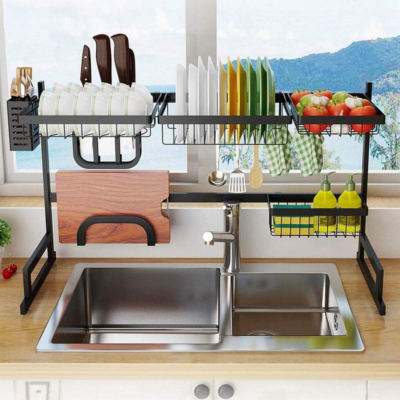 SHOWAY Over The Sink Dish Drying Rack With Drain Board, Kitchen Supplies Storage Shelf Drain Rack Counter Organizer, Dish Rack and Drainboard Set, Utensils Cutlery Holder Stainless Steel Display Stand - Image 1