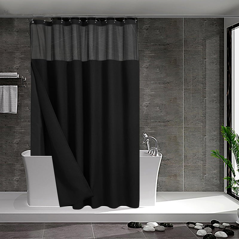 N&Y HOME NY HOME Extra Long Waffle Weave Shower Curtain with Snapin Fabric Liner Set 12 Black Hooks Included  71 x 84 Hotel Style Mesh Top Window Machine Washable  WaterRepellent  71x84 Black