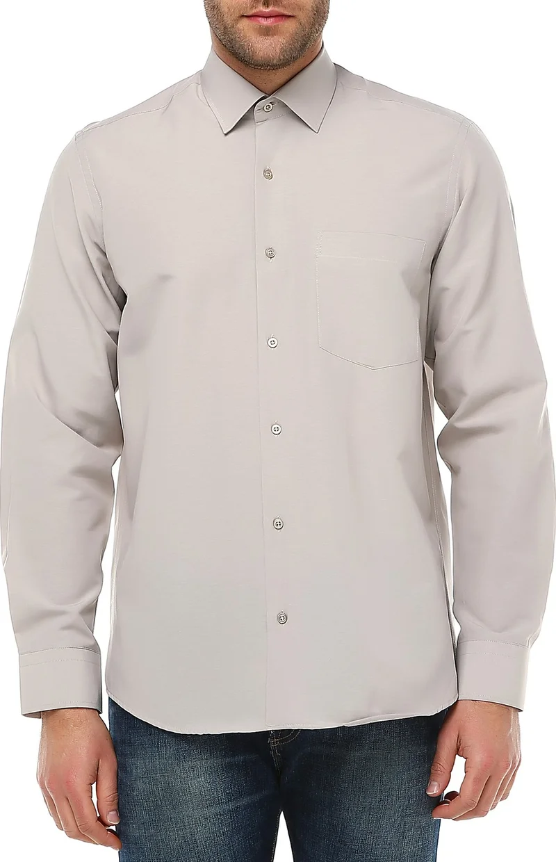 فاريتا Men's Beige Tan Classic Cut Straight Pocket Long Sleeve Shirt