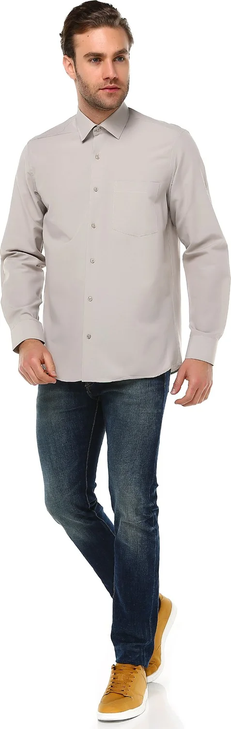 فاريتا Men's Beige Tan Classic Cut Straight Pocket Long Sleeve Shirt
