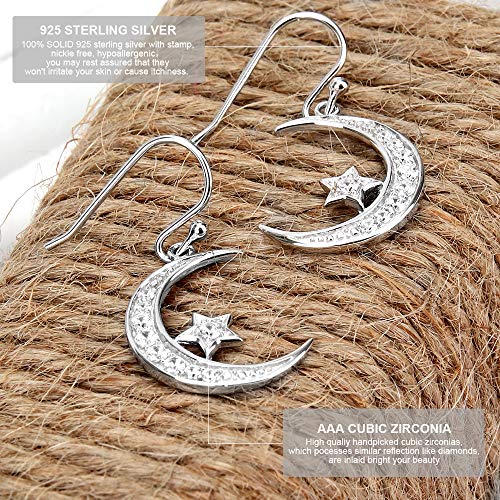 GemsChest Sterling Silver Round Cubic Zirconia Crescent Moon & Star Dangle Earrings Star Jewelry for Women Mom - Image 4