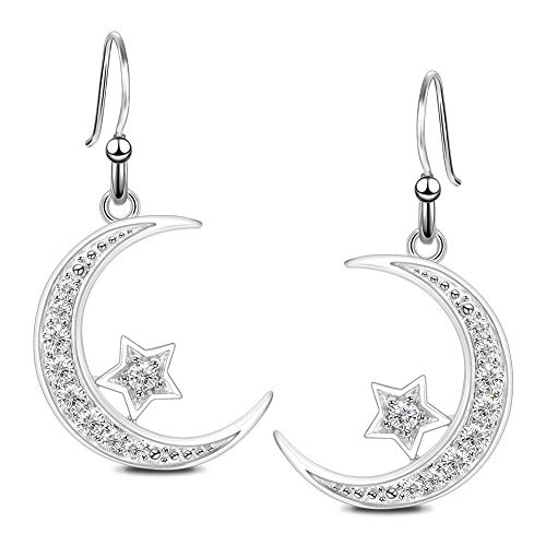 GemsChest Sterling Silver Round Cubic Zirconia Crescent Moon & Star Dangle Earrings Star Jewelry for Women Mom - Image 1