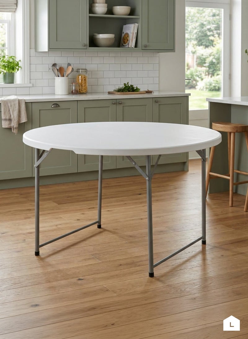 LAWAZIM Round Folding Plastic Picnic Table - 120x120x74cm White -Lightweight Fold-in-Half Outdoor Camping Table with Carry Handle & Non-Slip Caps -Ideal for Outdoor Events, Camping, Picnics, & BBQ Use - Image 2