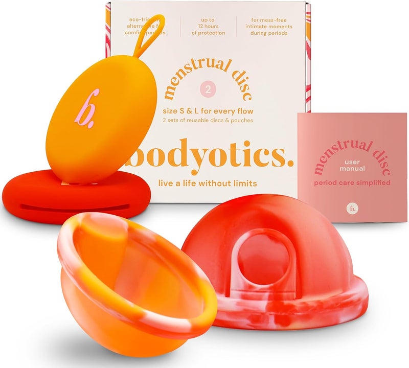 Bodyotics Menstrual Disc Reusable, 2-Pack Size S & L - Softer Than Menstrual Cups and Can Be Used Intimate Moments - Comfort-Fit Period Disc Set with 12 Hr Wear - 100% Medical Grade Silicone 
