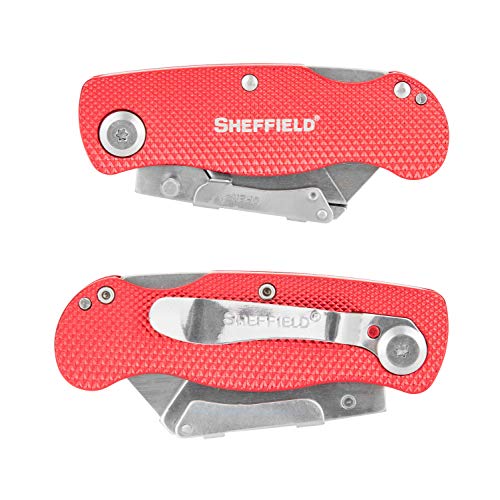 Sheffield 12614 Red Folding Utility Knife, Stocking Stuffers, Gifts for Men, Dad Gifts, Quick Change Utility Knife Blades, Compact Aluminum Handle, Box Cutter, Razor Blades Included - Image 4