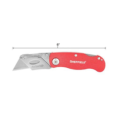 Sheffield 12614 Red Folding Utility Knife, Stocking Stuffers, Gifts for Men, Dad Gifts, Quick Change Utility Knife Blades, Compact Aluminum Handle, Box Cutter, Razor Blades Included - Image 3