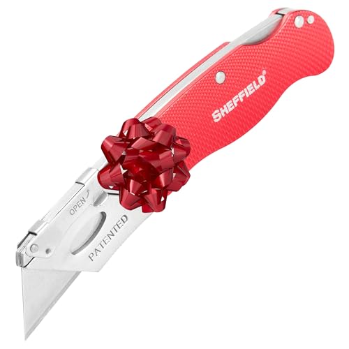 Sheffield 12614 Red Folding Utility Knife, Stocking Stuffers, Gifts for Men, Dad Gifts, Quick Change Utility Knife Blades, Compact Aluminum Handle, Box Cutter, Razor Blades Included - Image 1