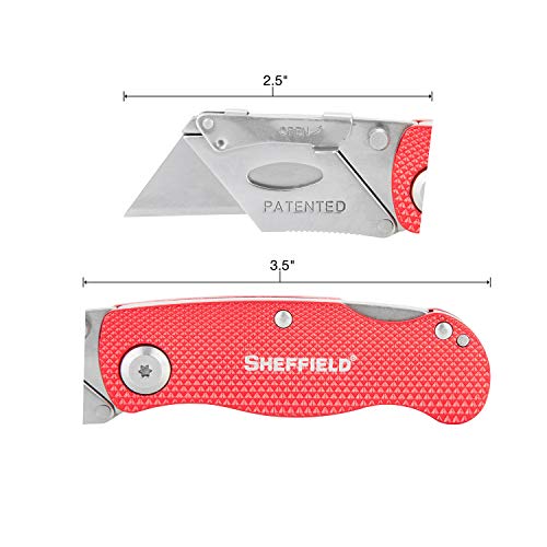 Sheffield 12614 Red Folding Utility Knife, Stocking Stuffers, Gifts for Men, Dad Gifts, Quick Change Utility Knife Blades, Compact Aluminum Handle, Box Cutter, Razor Blades Included - Image 2