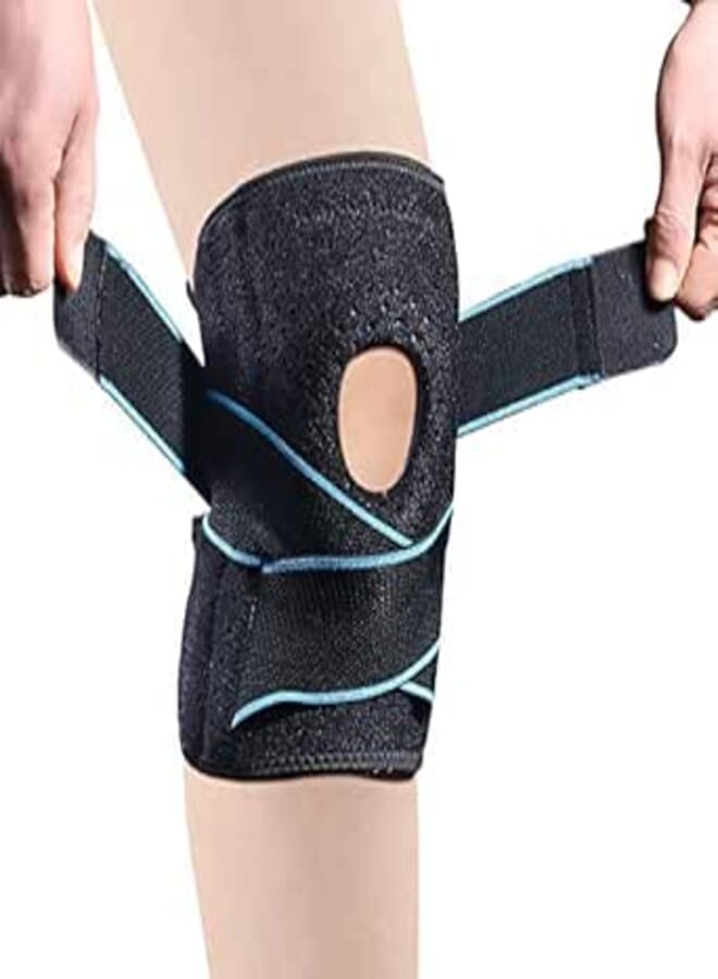 SKDK Adjustable Pressurized Knee Brace Knee Support with Side Stabilizers & Patella Gel Pads for Recovery Aid, Patellar Tendon, Arthritis, Basketball, Running, Hiking and Gym,Knee Pads (Blue, M)