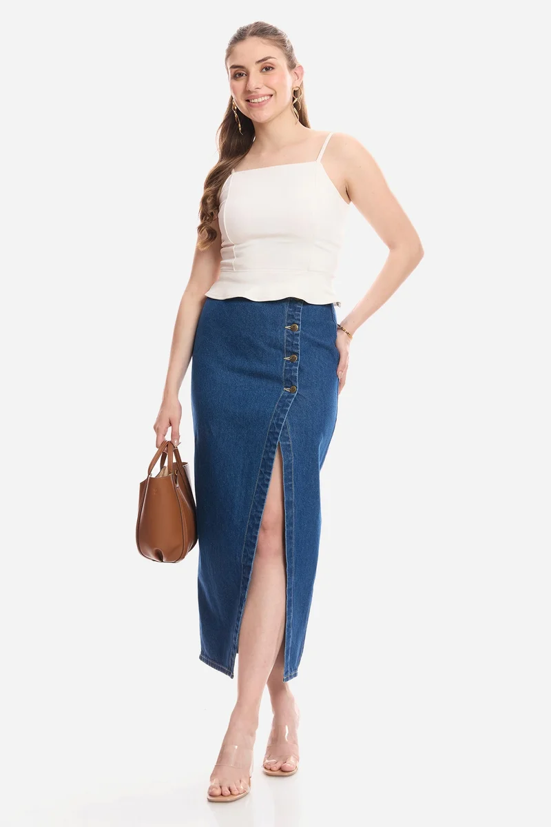 فيرجيو Solid Cotton Wrap Denim Skirt for Women