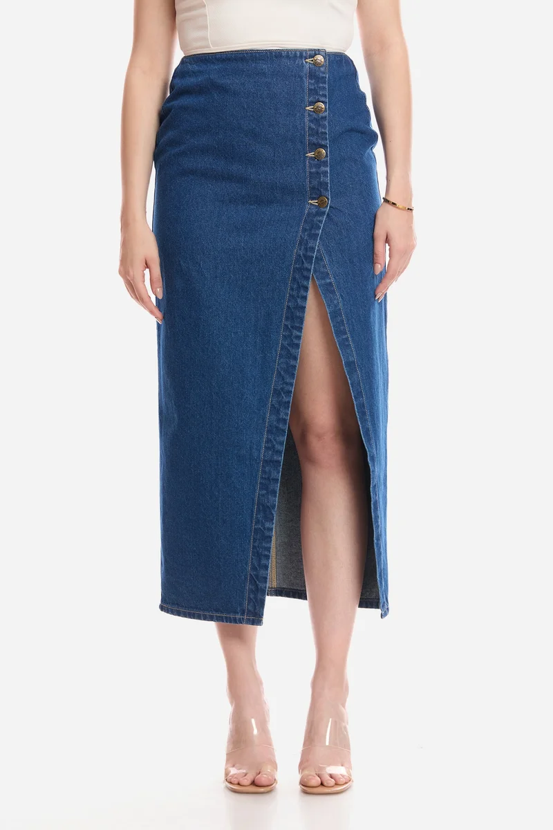 فيرجيو Solid Cotton Wrap Denim Skirt for Women