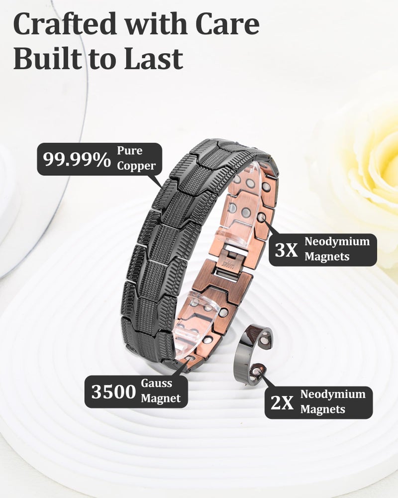Fashtour 3X Copper Bracelet and Ring for Men, Triple Ultra Strength Magnets, Masculine Design Pure Copper Magnetic Bracelet, Adjustable Length with Sizing Tool (Black2) - Image 2