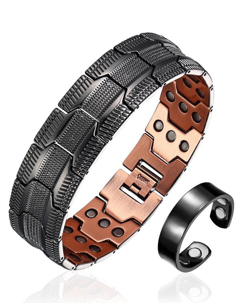 Fashtour 3X Copper Bracelet and Ring for Men, Triple Ultra Strength Magnets, Masculine Design Pure Copper Magnetic Bracelet, Adjustable Length with Sizing Tool (Black2) - Image 1