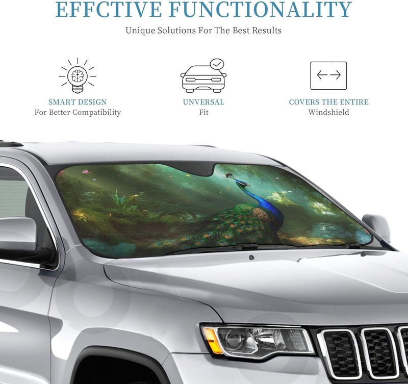 Windshield Sun Shade Car Sun Shade Windshield Foldable Car Front Window Sunshades Peacock in Forest SUV Windshield Cover Sun Visor Mat Keeps Your Vehicle Cool for Most Car Small - Image 2
