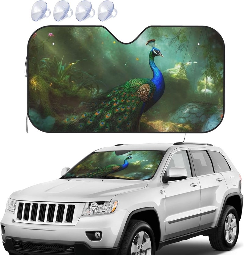 Windshield Sun Shade Car Sun Shade Windshield Foldable Car Front Window Sunshades Peacock in Forest SUV Windshield Cover Sun Visor Mat Keeps Your Vehicle Cool for Most Car Small - Image 1