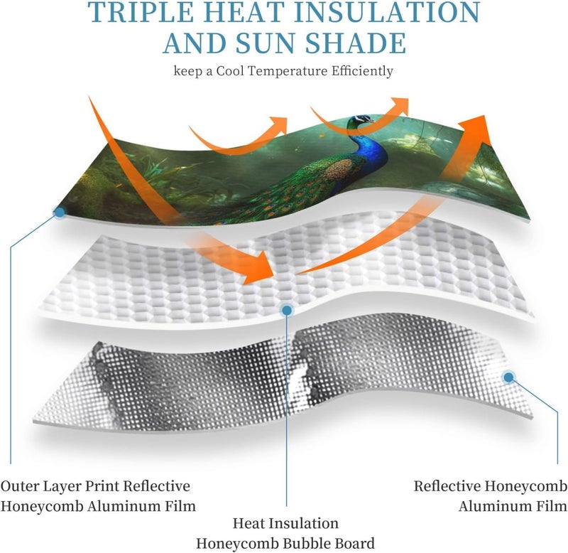 Windshield Sun Shade Car Sun Shade Windshield Foldable Car Front Window Sunshades Peacock in Forest SUV Windshield Cover Sun Visor Mat Keeps Your Vehicle Cool for Most Car Small - Image 3