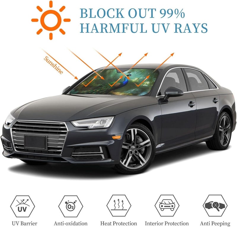 Windshield Sun Shade Car Sun Shade Windshield Foldable Car Front Window Sunshades Peacock in Forest SUV Windshield Cover Sun Visor Mat Keeps Your Vehicle Cool for Most Car Small - Image 5