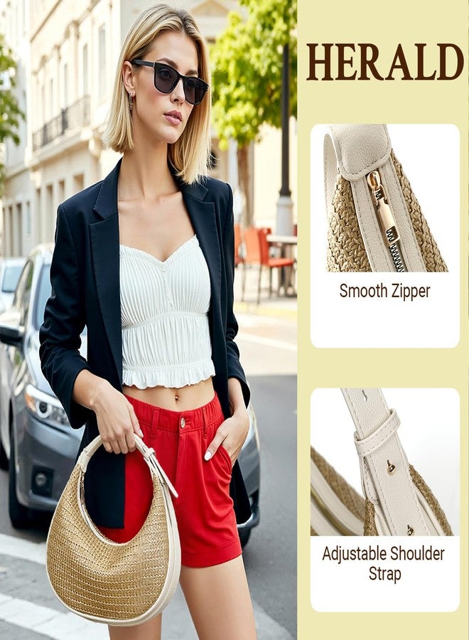 Herald Straw Crossbody Bag for Women Beach Woven Hobo Handbag Summer Chic Crescent Shoulder Purses with Adjustable Strap (Beige) - Image 4