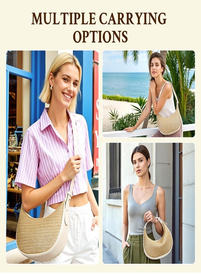 Herald Straw Crossbody Bag for Women Beach Woven Hobo Handbag Summer Chic Crescent Shoulder Purses with Adjustable Strap (Beige) - Image 2
