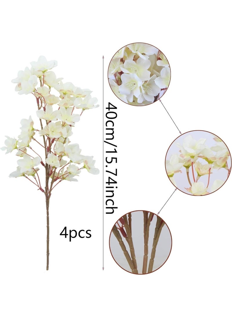 Y&D 4 Pcs Artificial Cherry Blossom Flowers Faux Branches White Silk Peach Bulk Flowers Stems for Outdoor Indoor Wedding Table Decor-40CM (White) - Image 3