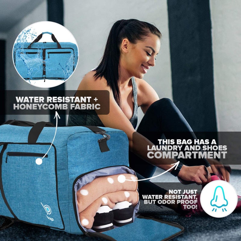 Bago Foldable Duffel Bags for Traveling Women & Men - 60L Medium Packable Duffle Bag for Travel with Shoe Compartment - Water Repellant, Heavy Duty, Lightweight Folding & Collapsible (SnowBlue) - Image 5