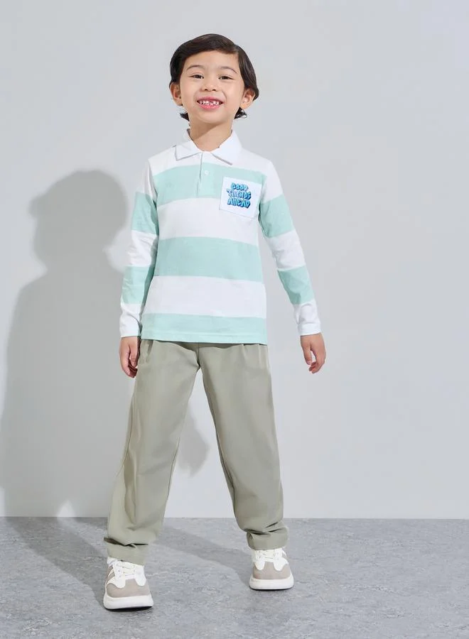 Styli Boys Striped Long Sleeves Polo T-Shirt with Patchwork Detail