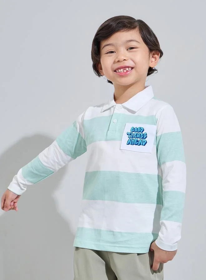 Styli Boys Striped Long Sleeves Polo T-Shirt with Patchwork Detail