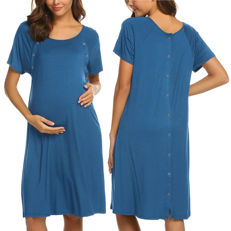 Ekouaer Women's Maternity Short Sleeve Sleep Dress Button Down Nightgown Pregnancy Gown for Breastfeeding(Blue,S) - Image 1