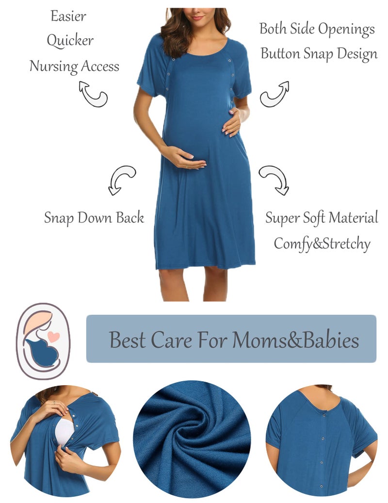 Ekouaer Women's Maternity Short Sleeve Sleep Dress Button Down Nightgown Pregnancy Gown for Breastfeeding(Blue,S) - Image 2
