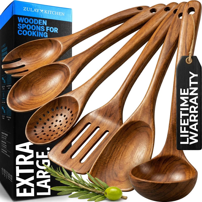 Zulay Kitchen Extra-Large 6-Piece Wooden Spoon Set - Smooth Teak Cooking Utensils - Comfort-Grip Non-Stick Turner, Spatula, Skimmer, Fork, Serving Spoon - Image 1