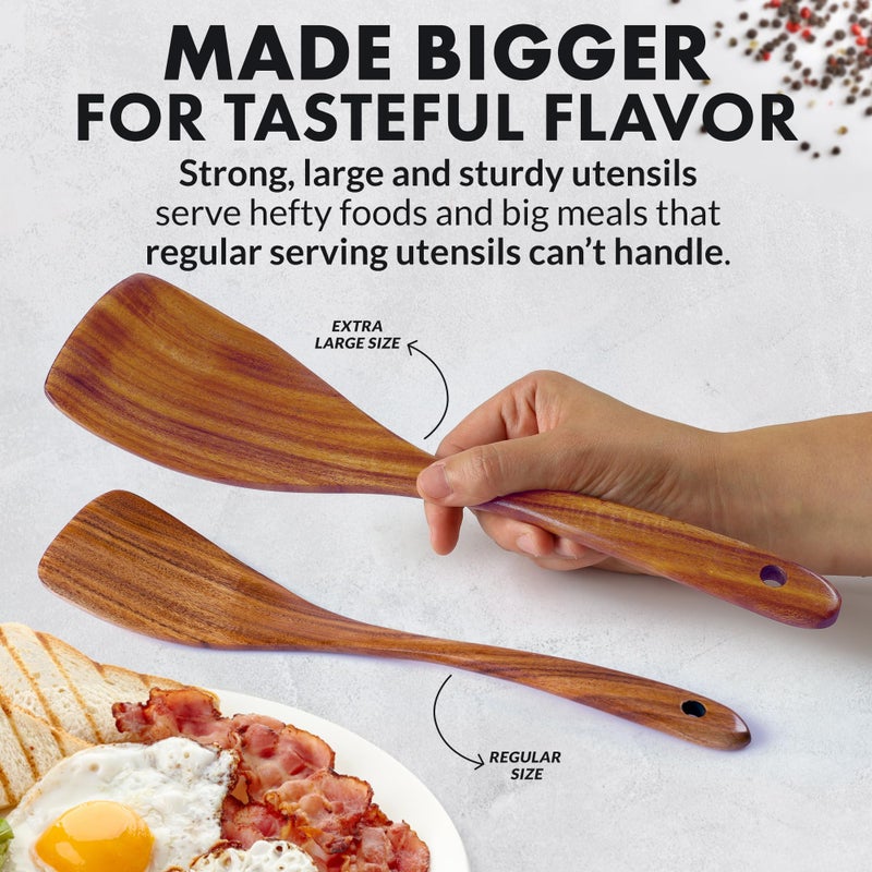 Zulay Kitchen Extra-Large 6-Piece Wooden Spoon Set - Smooth Teak Cooking Utensils - Comfort-Grip Non-Stick Turner, Spatula, Skimmer, Fork, Serving Spoon - Image 4